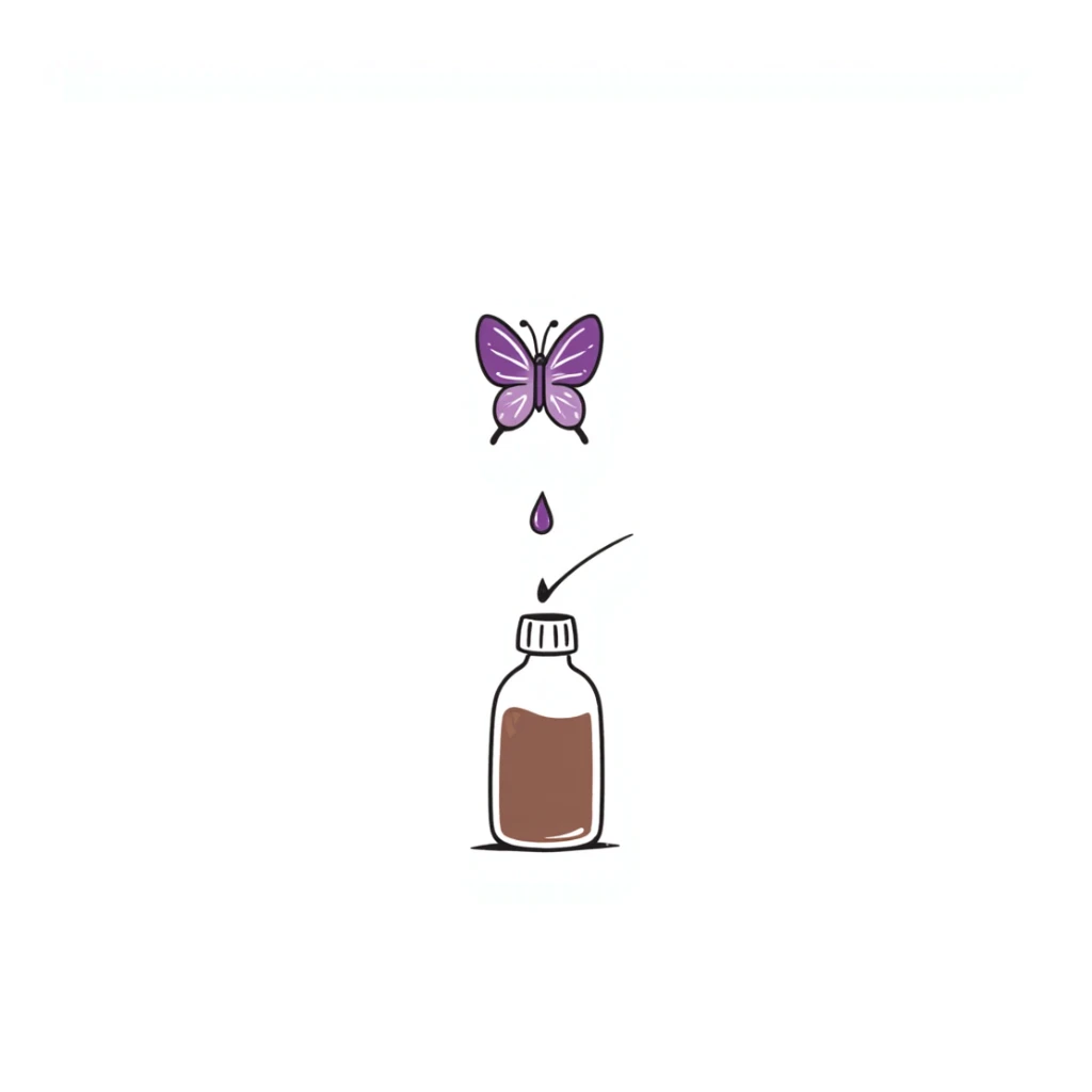 Small brown bottle floating with dim light, with a purple drop suspended in the air, slowly spinning in front of a luminous butterfly representing the thyroid gland sticker