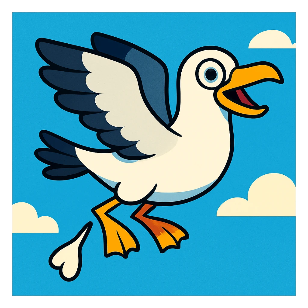 a seagull flying while pooping, vibrant toon style, colorful and playful sticker