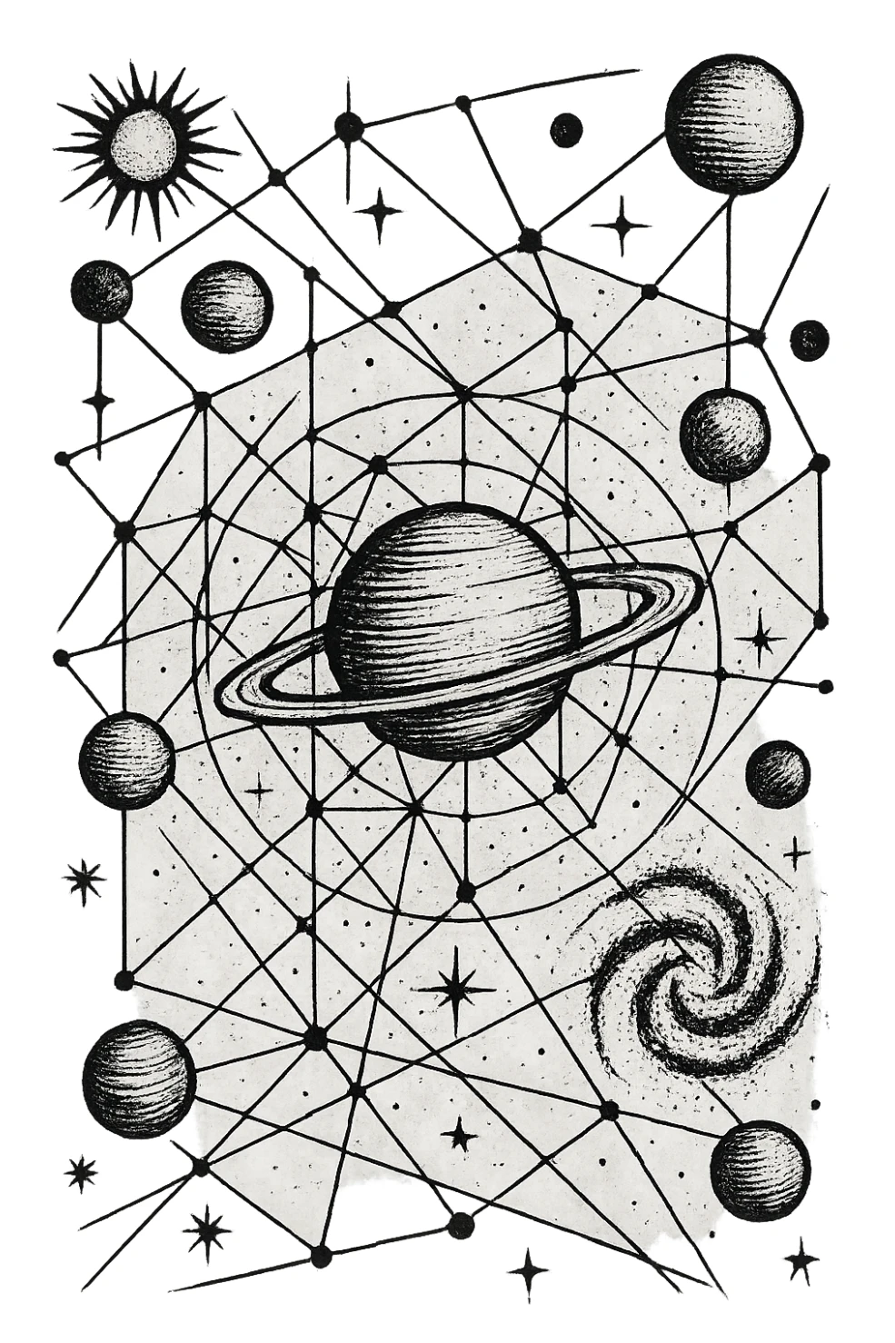 a design for an decorative black and white map, showing linework of galactic planets and a glalactic ley lines matrix map. black linework. proto-gothic "trashpolka" sticker