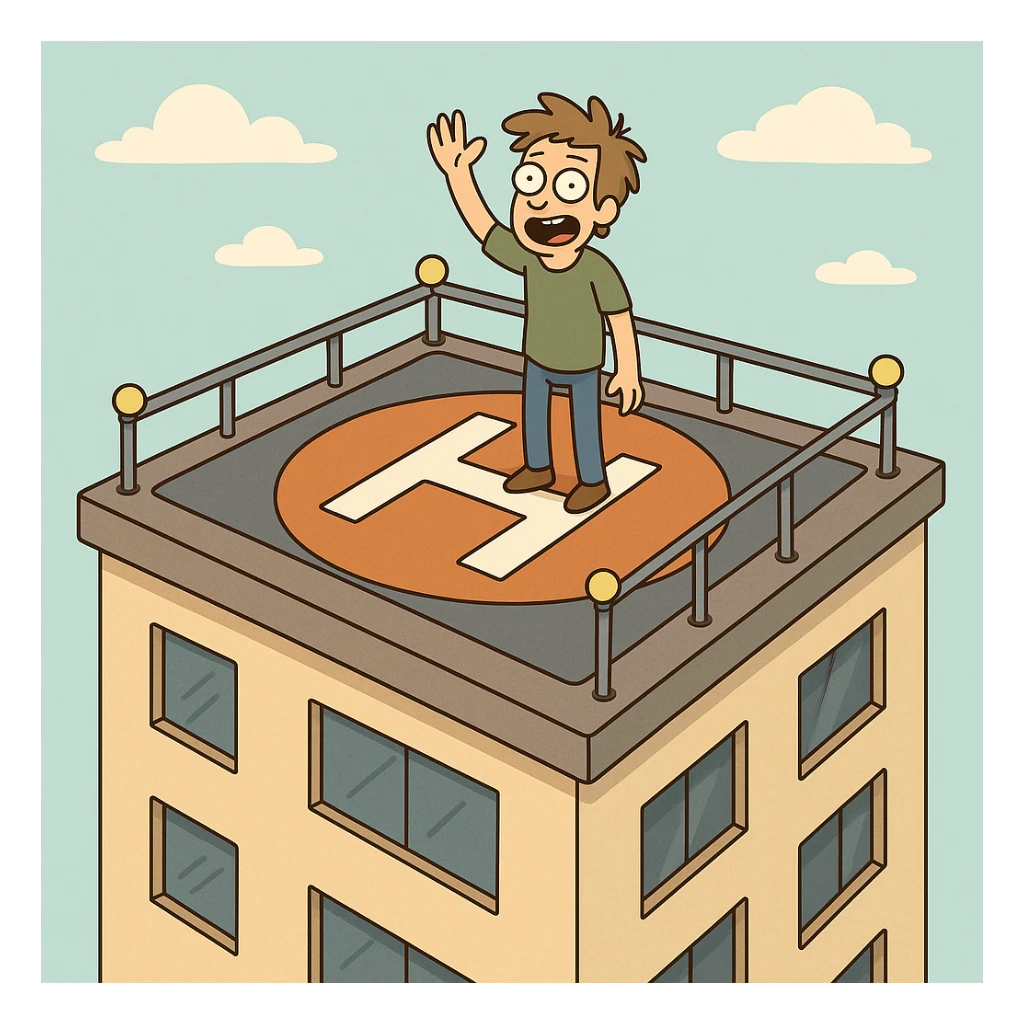 helipad on rooftop of a building, isometric view, platform with large H, railings and lights, simple and colorful style sticker