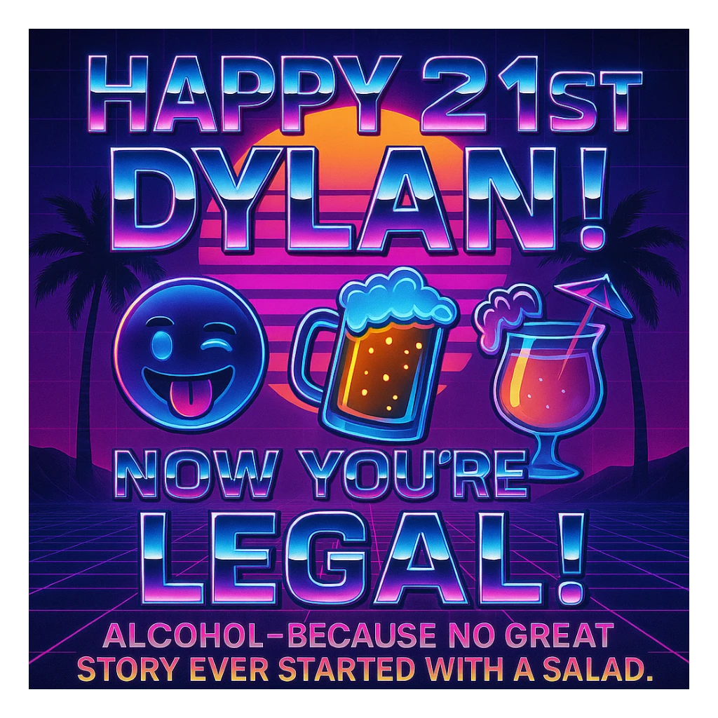 Completely change the style to vaporwave: neon colors, retro 80s grid, palm trees, synthwave sunset, chrome text, and keep the funny drink quote. Make it look digital and bold. sticker