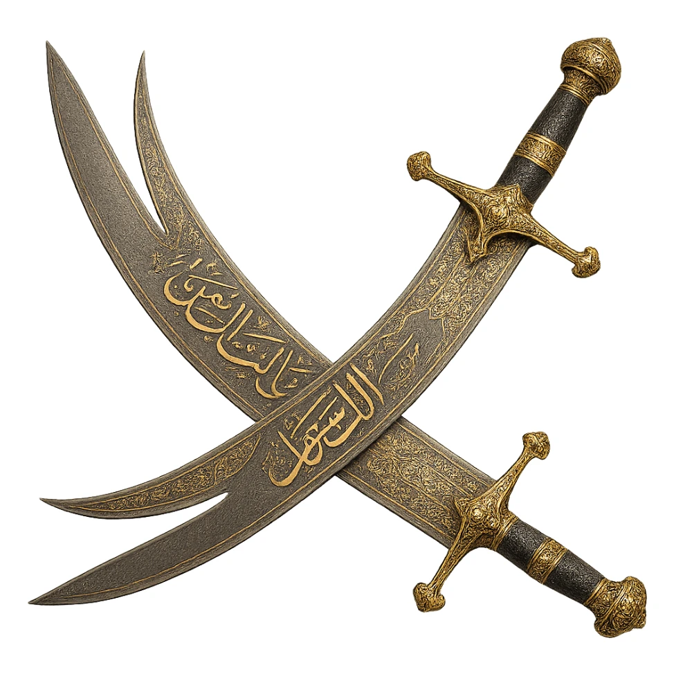 zulfiqar sword, ornate, with Arabic calligraphy, gold and silver accents sticker