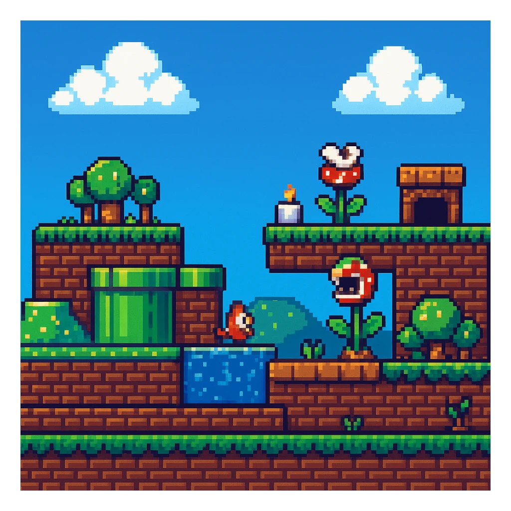 Tilesets, Overworld, Super Mario, 2D plataform, videogame, retro, chiptune. in the style of pixel art sticker