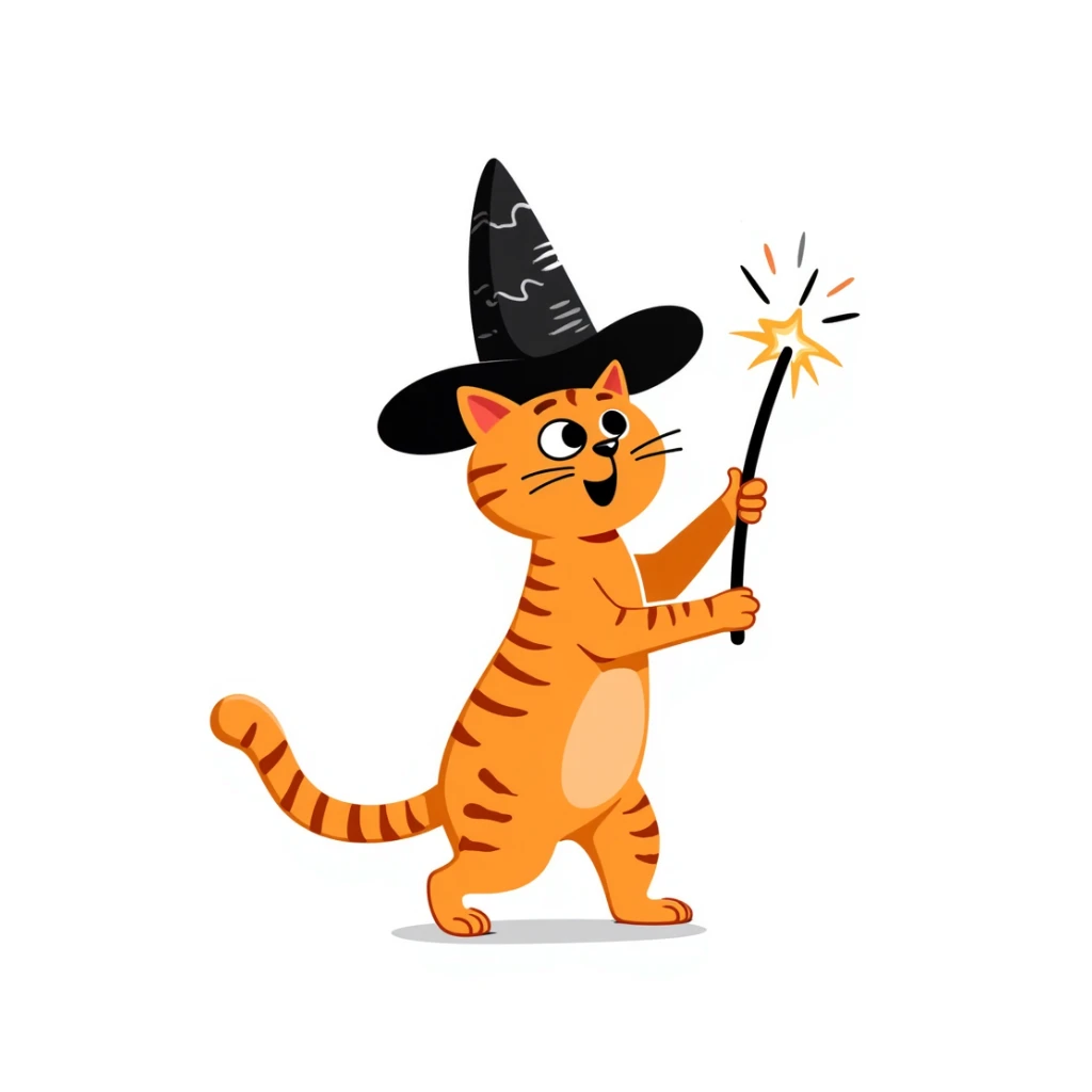Orange cat wearing a pointy wizard hat and casting a spell with a magic wand sticker