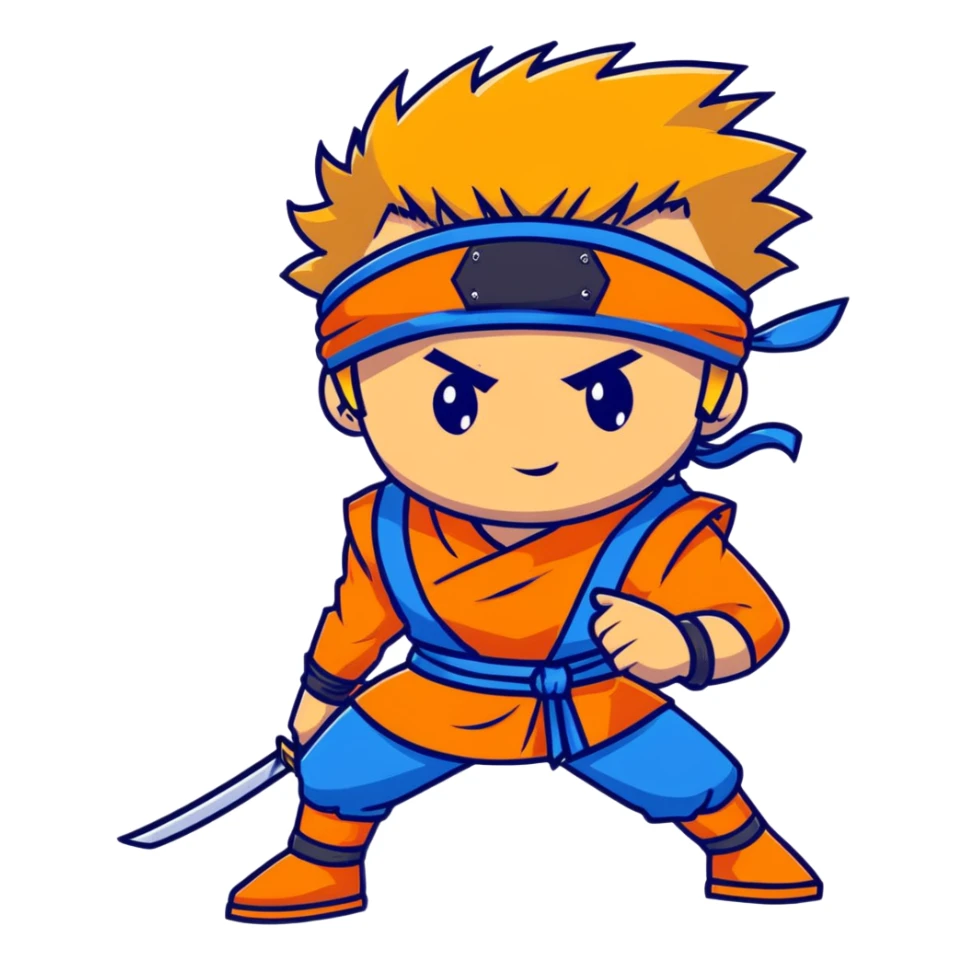 A blonde ninja boy with spiky hair, whisker marks on cheeks, orange outfit, and blue headband with metal plate sticker