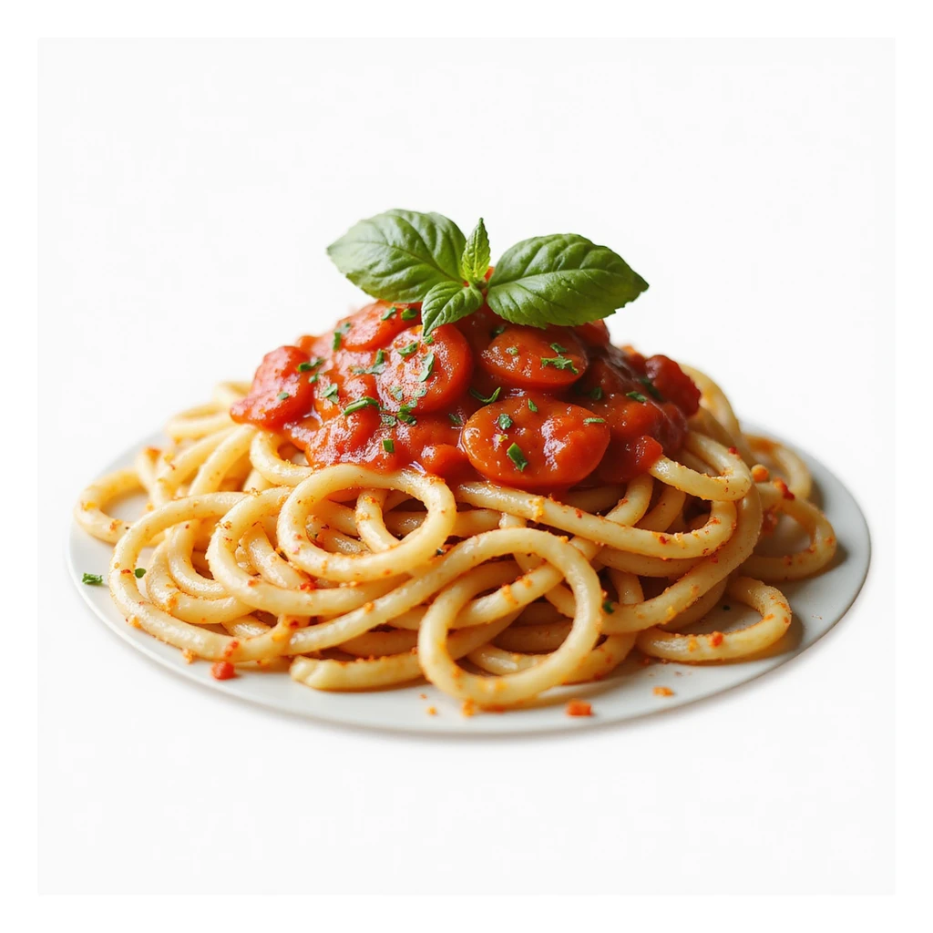 spaghetti pasta, realistic style, appetizing, detailed noodles, tomato sauce, food illustration sticker