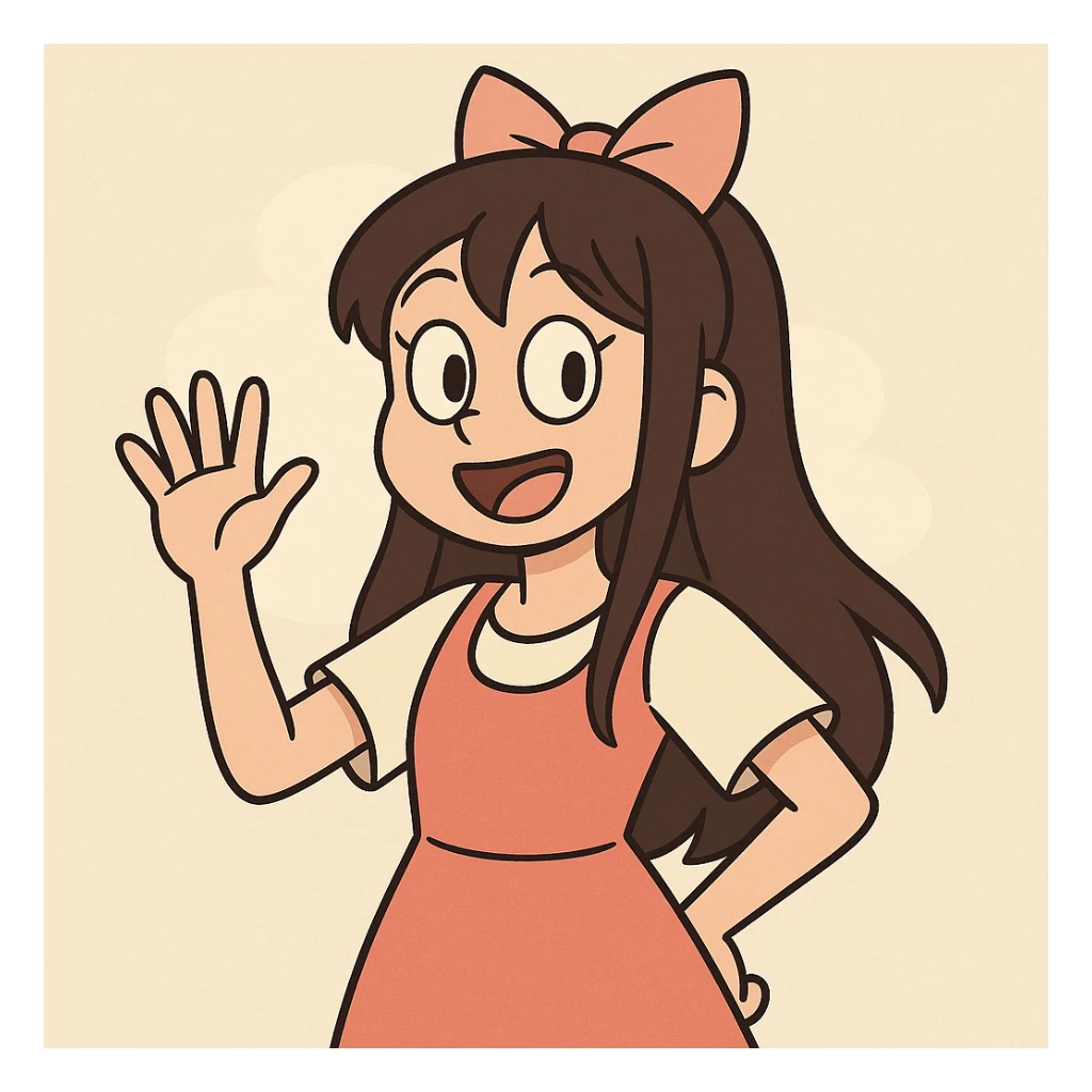 anime girl, simple lines, cheerful pose, flat toon style sticker