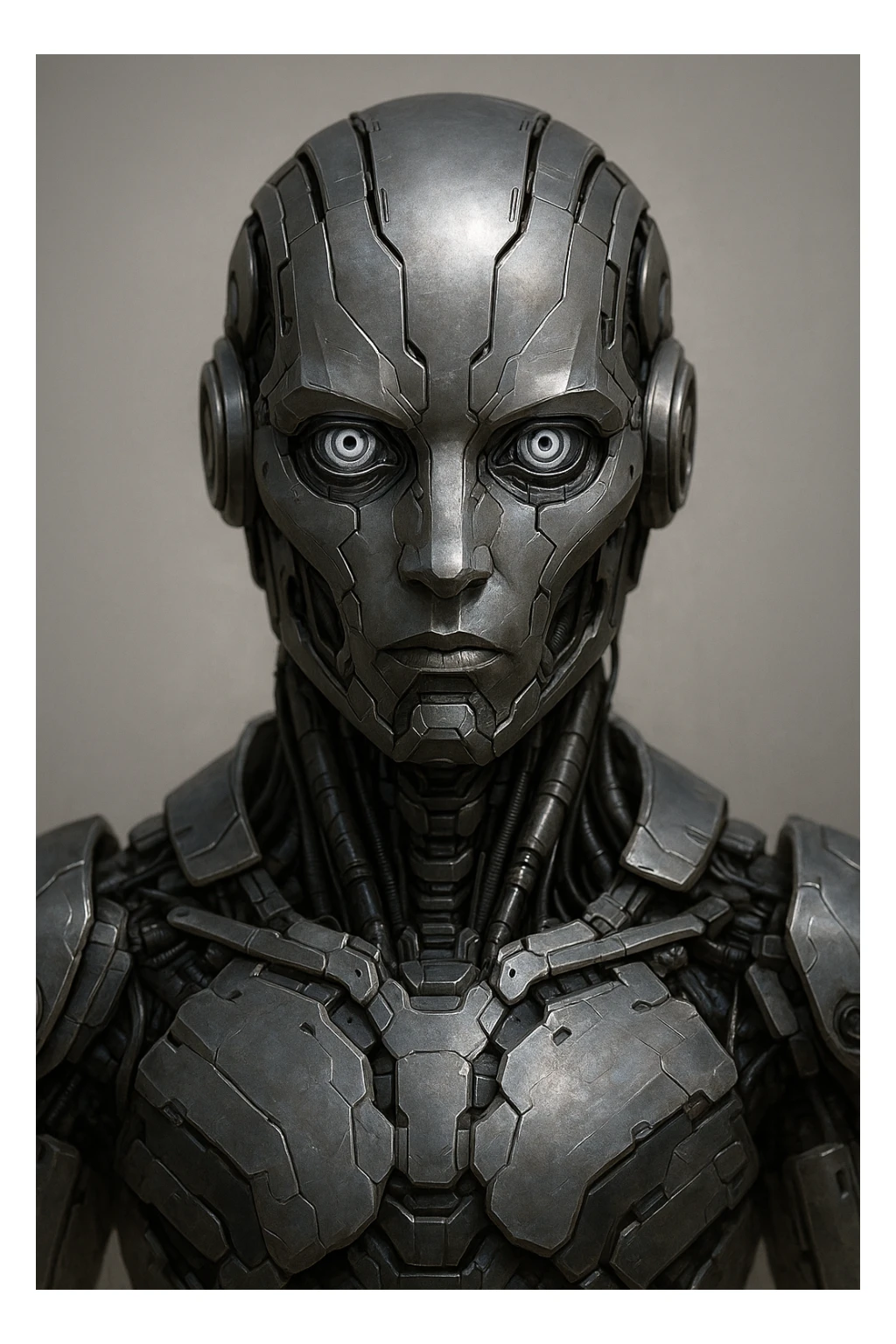 robot assistant staring intently, futuristic style, metallic details, neutral background sticker