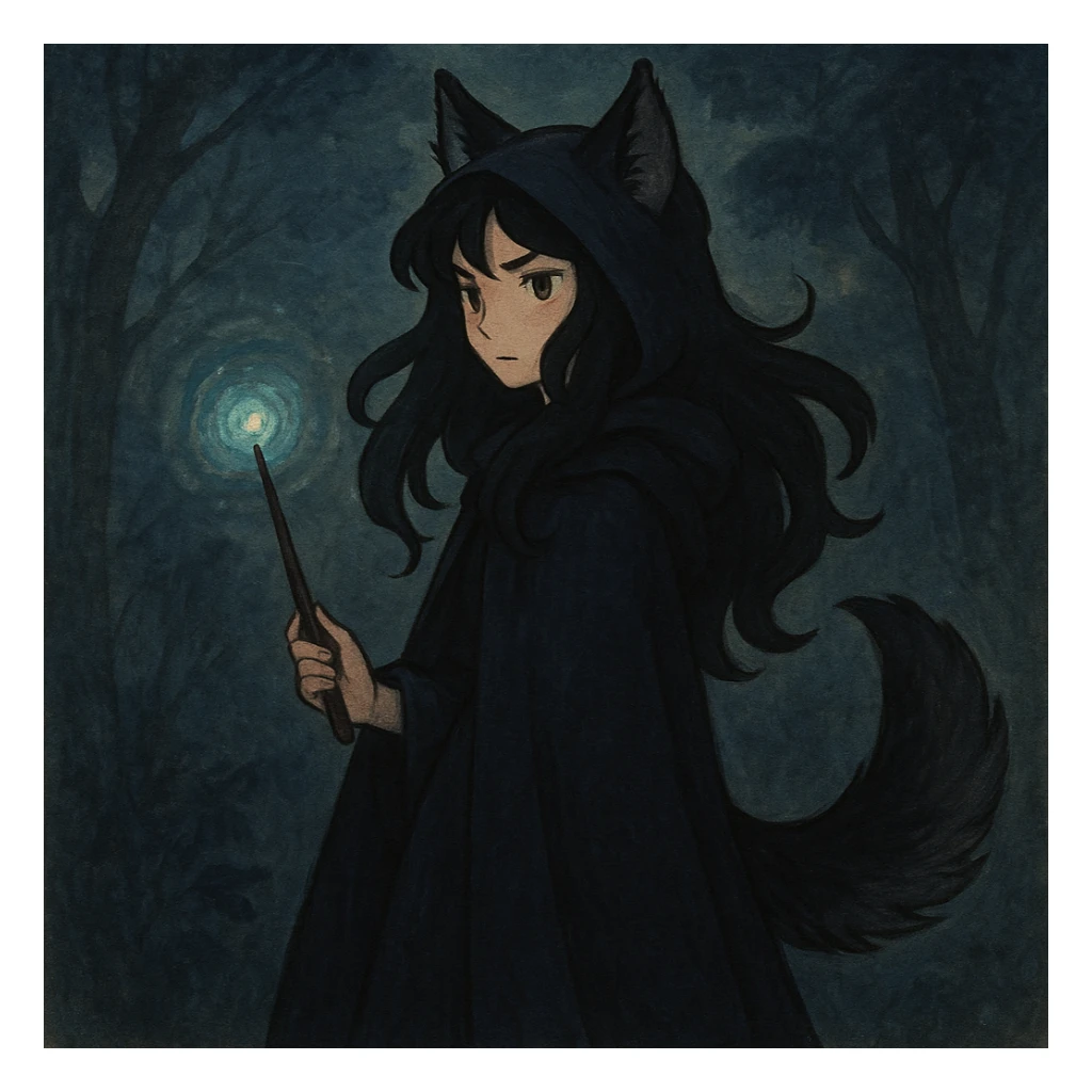 mystical witch with black hair, wolf ears and wolf tail, dark colors, cloak, magic wand, stylized sticker
