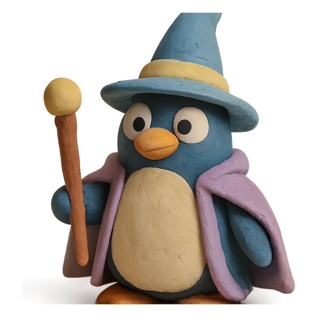 claymation style penguin wizard with visible fingerprints and pastel colors sticker