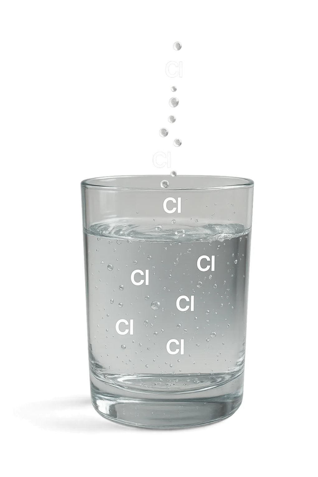 un bicchiere di acqua fluttua in aria realistico e dettagliato, dentro l'acqua del bicchiere ci sono particelle di cloro ben visibili con la scritta "Cl" sopra, ci sono particelle anche che escono dal bicchiere e fluttuan
o in aria verticalmente, mentre alcune sono all'interno dell'acqua nel bicchiere, iperrealistico 4k sticker