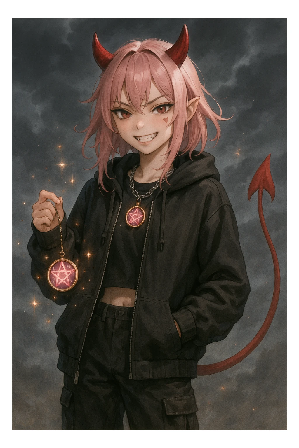 realistic anime style devil catgirl with red horns, pointed tail, fangs, pink hair, streetwear, magical accessory, sparkles, stormy background, heart tattoo under eye, mischievous expression sticker