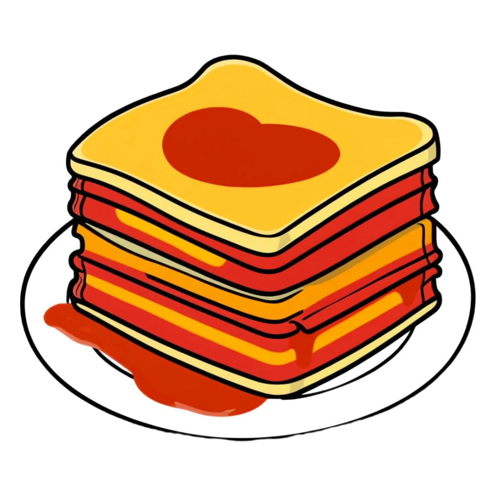 A slice of lasagna with cheese pulling and tomato sauce visible between layers sticker