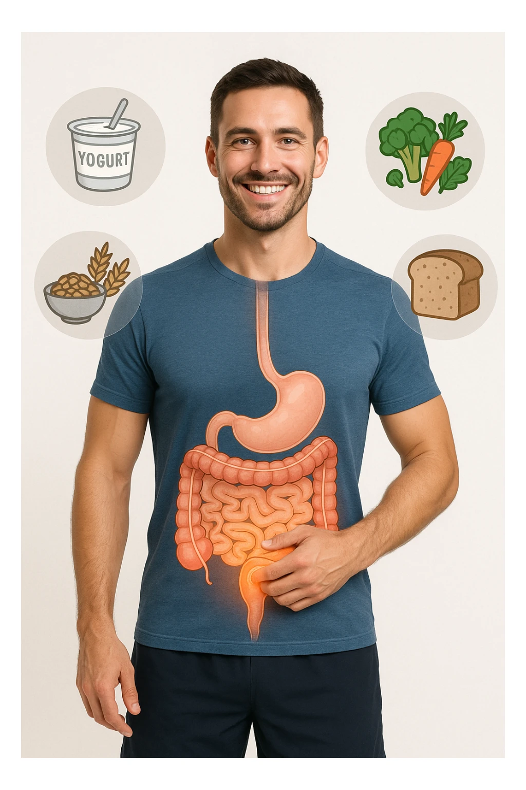 a fit, smiling man stands confidently with one hand on his abdomen. A transparent overlay reveals a healthy, detailed digestive tract with a glowing, vibrant intestine. Around him, icons of healthy foods like yogurt, vegetables, and whole grains float, symbolizing good gut health. The background is clean and bright, with an educational mood. sticker