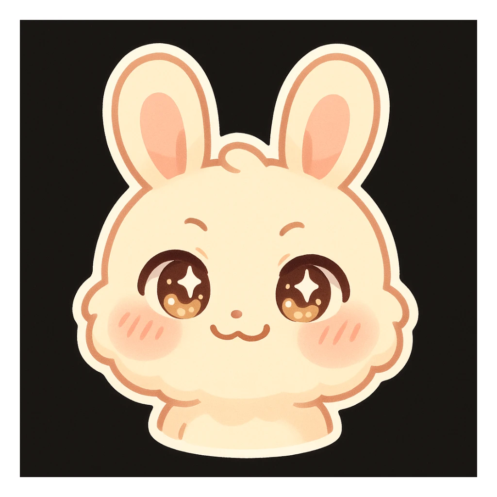 kawaii chibi-style bunny emoji with a round fluffy face, sparkly eyes, blushing cheeks, pastel color palette, smug mood, soft rounded design, anime-style, vector art, black background sticker