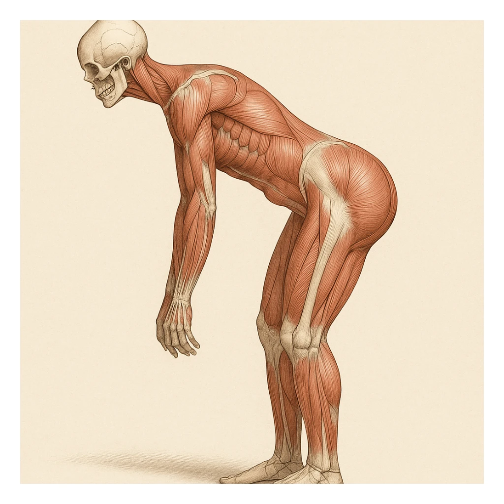 Girl in the same posture as the reference photo, anatomical version showing only muscles and bones, identical silhouette. Medical illustrative style with clear details. sticker