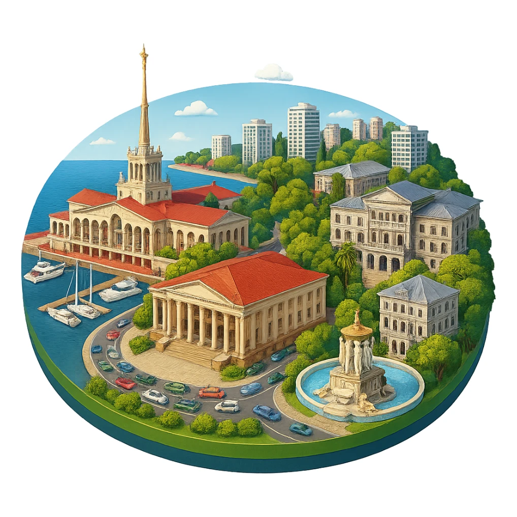 Изометричная, яркая, детализированная и фотореалистичная иллюстрация панорамы города Cочи на круглой подставке в стиле 3D-коллажей городов, здание Морского Порта, Зимний театр, Санаторий имени С. Орджоникидзе, море, причал, яхты чёткие линии, слегка мультяшная стилистика, прозрачный фон, не обрезать края картинки sticker