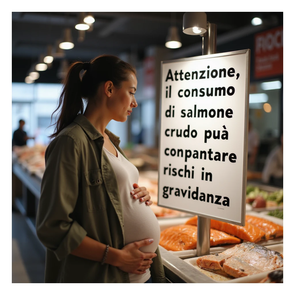 realistic pregnant woman in 4K reading a large, clearly visible informational sign in a modern fish market, the sign says: “Attenzione, il consumo di salmone crudo può comportare rischi in gravidanza”. The woman looks at the sign and touches her belly. sticker