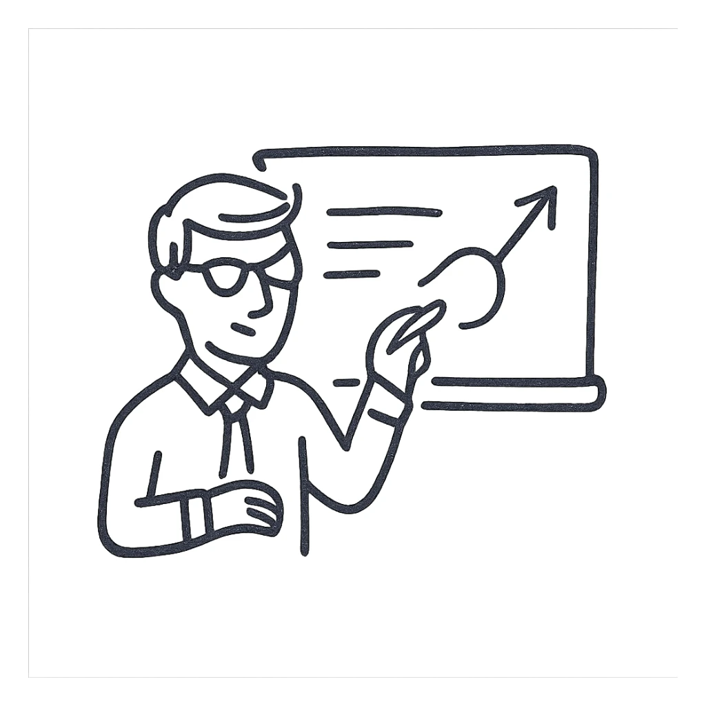 male teacher explaining a lesson at a white board, hand drawn look, black and white sticker