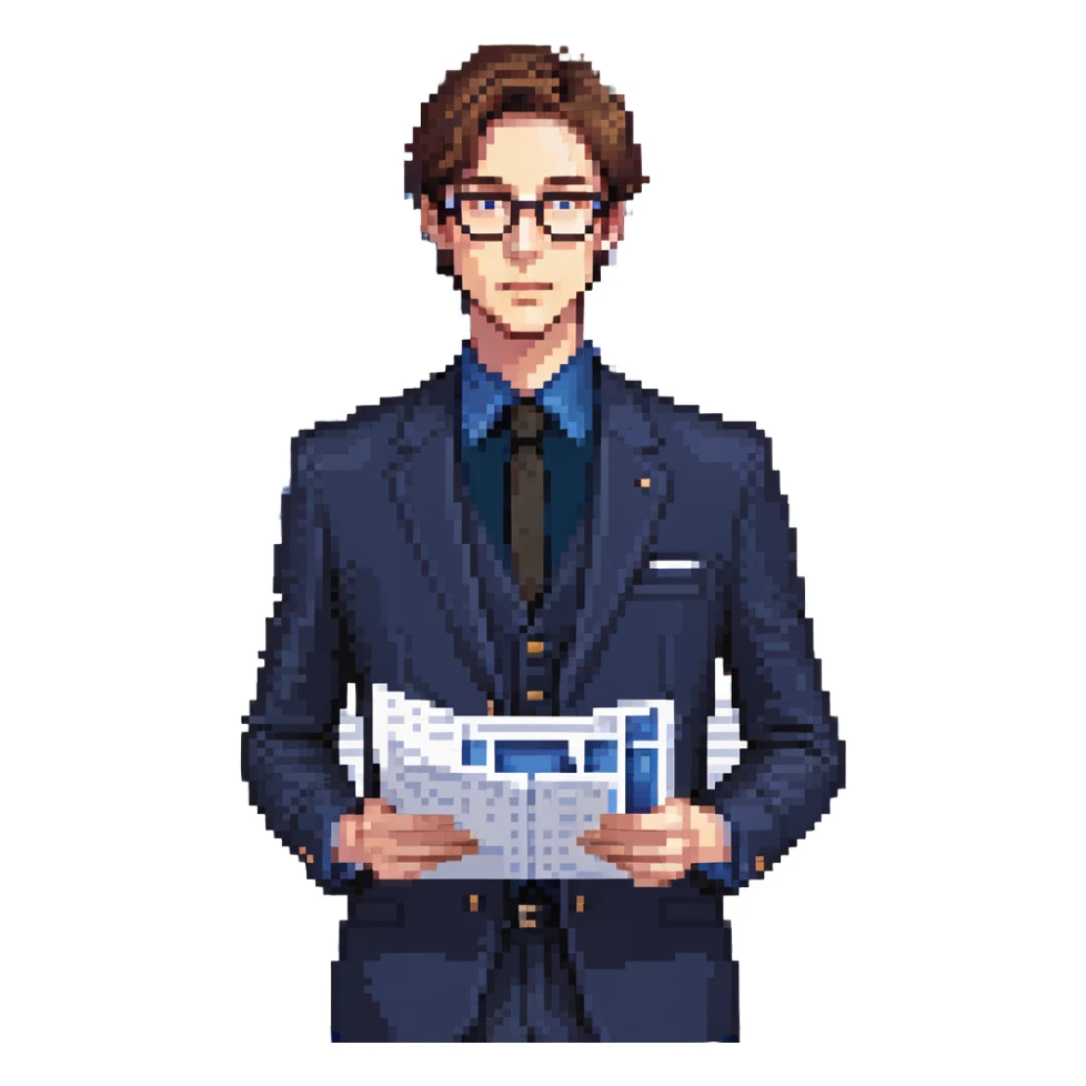 Flat pixel art, focused and reserved male architect, American, Caucasian features, short sleek brown hair, wearing glasses, wearing a deep indigo suit jacket over a black shirt, holding a blue print, waist-up, front-facing sticker