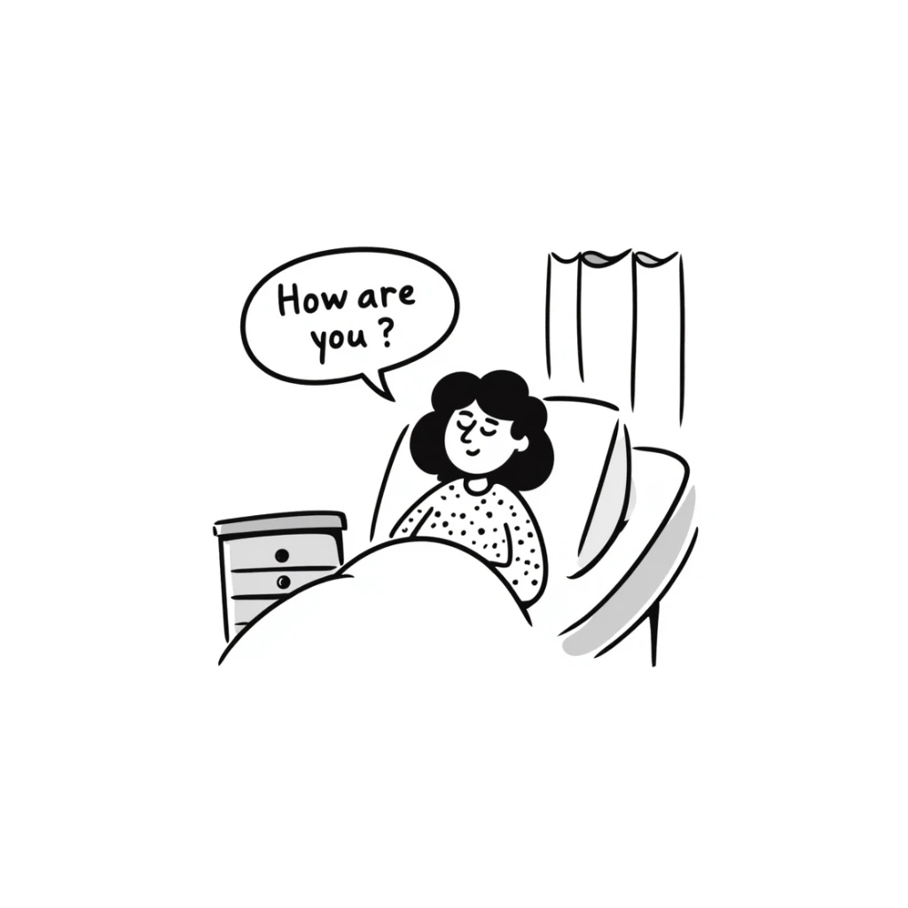 a patient sitting up in a hospital bed smiling gently, speech bubble saying 'How are you?', hospital curtains and bedside table in background sticker