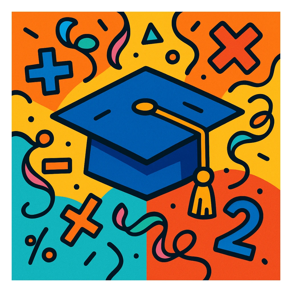 vibrant image of a graduation cap surrounded by math symbols and streamers, representing the end of math class sticker