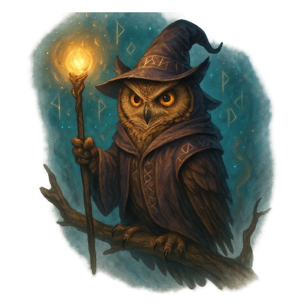 A wise owl wizard in a fantasy style, perched on a branch, glowing staff, ancient runes, mystical background. sticker