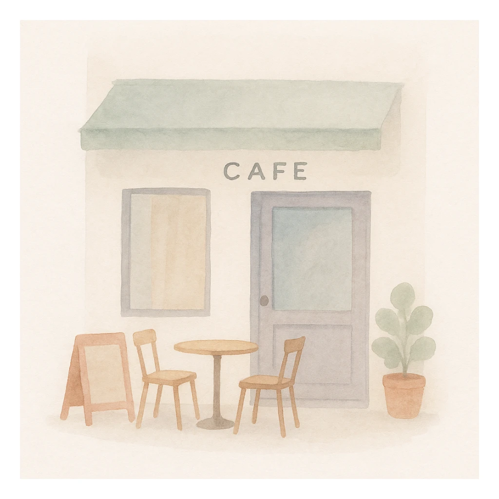 a cafe storefront, gentle brushstrokes, inviting look, watercolor art style sticker