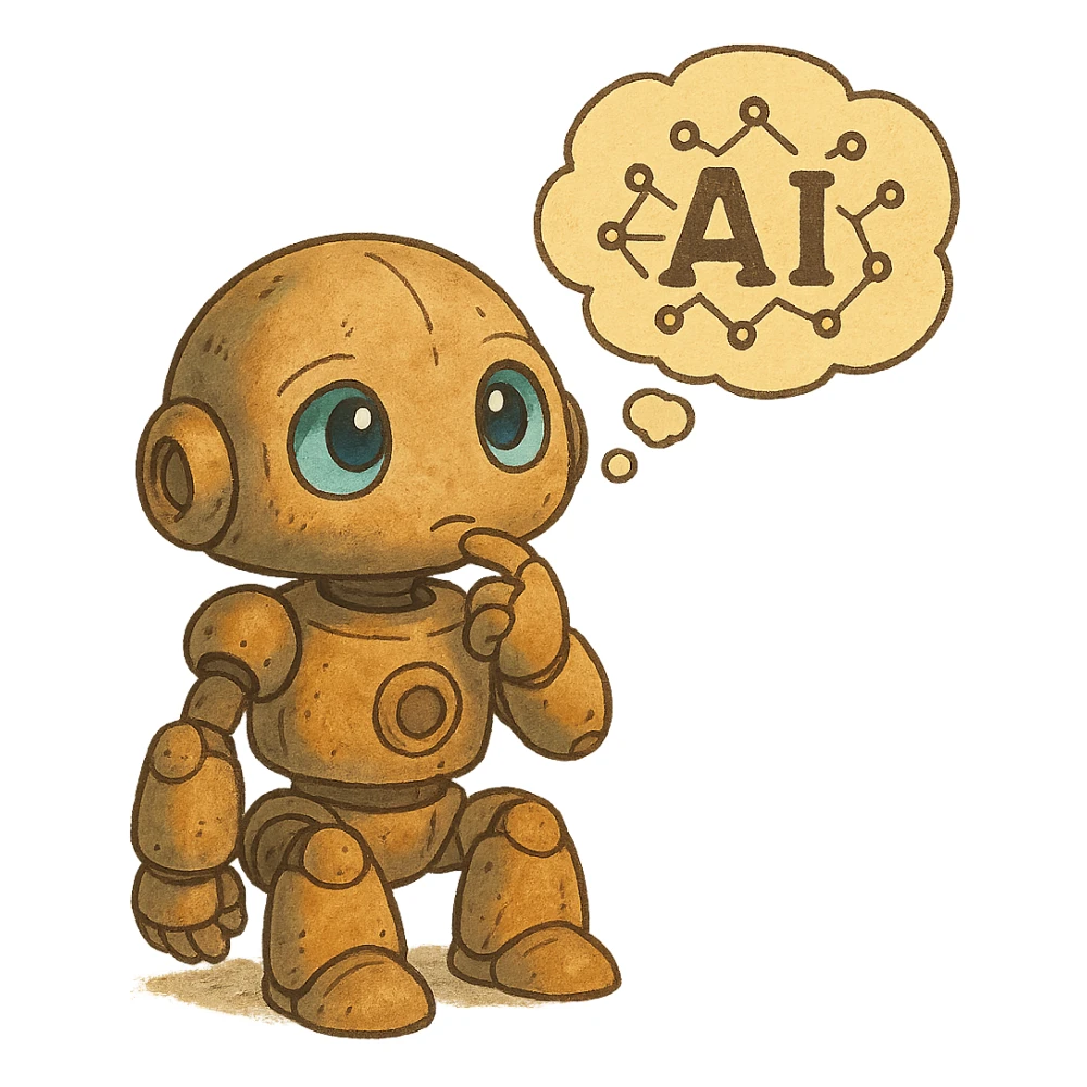 ghibli style cute robot with expressive eyes and a floating thought bubble, symbolizing AI thought sticker