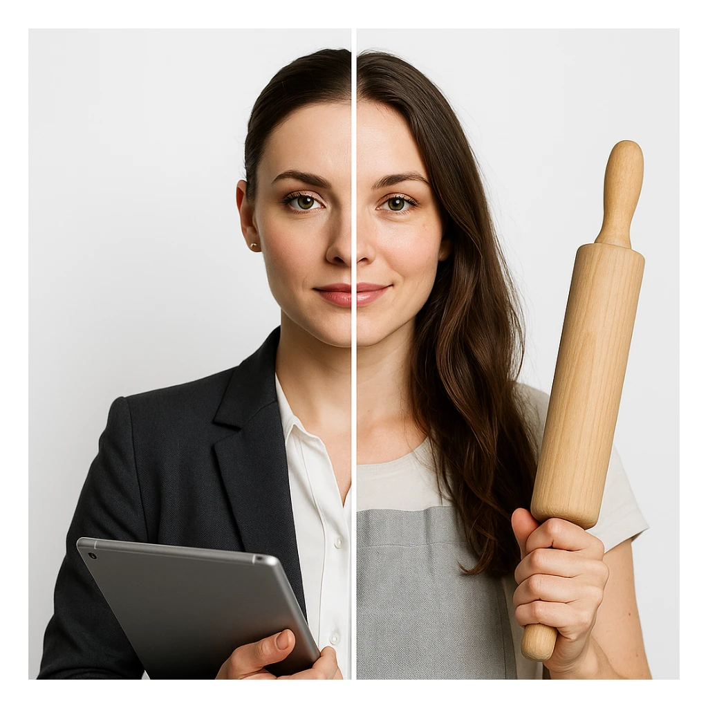 4K hyper realistic split-image of a beautiful woman: left side with subtle office makeup, neat bun, blazer, holding a tablet; right side natural, hair down, kitchen apron, holding a rolling pin, soft smile, symmetrical, white background, clear contrast sticker