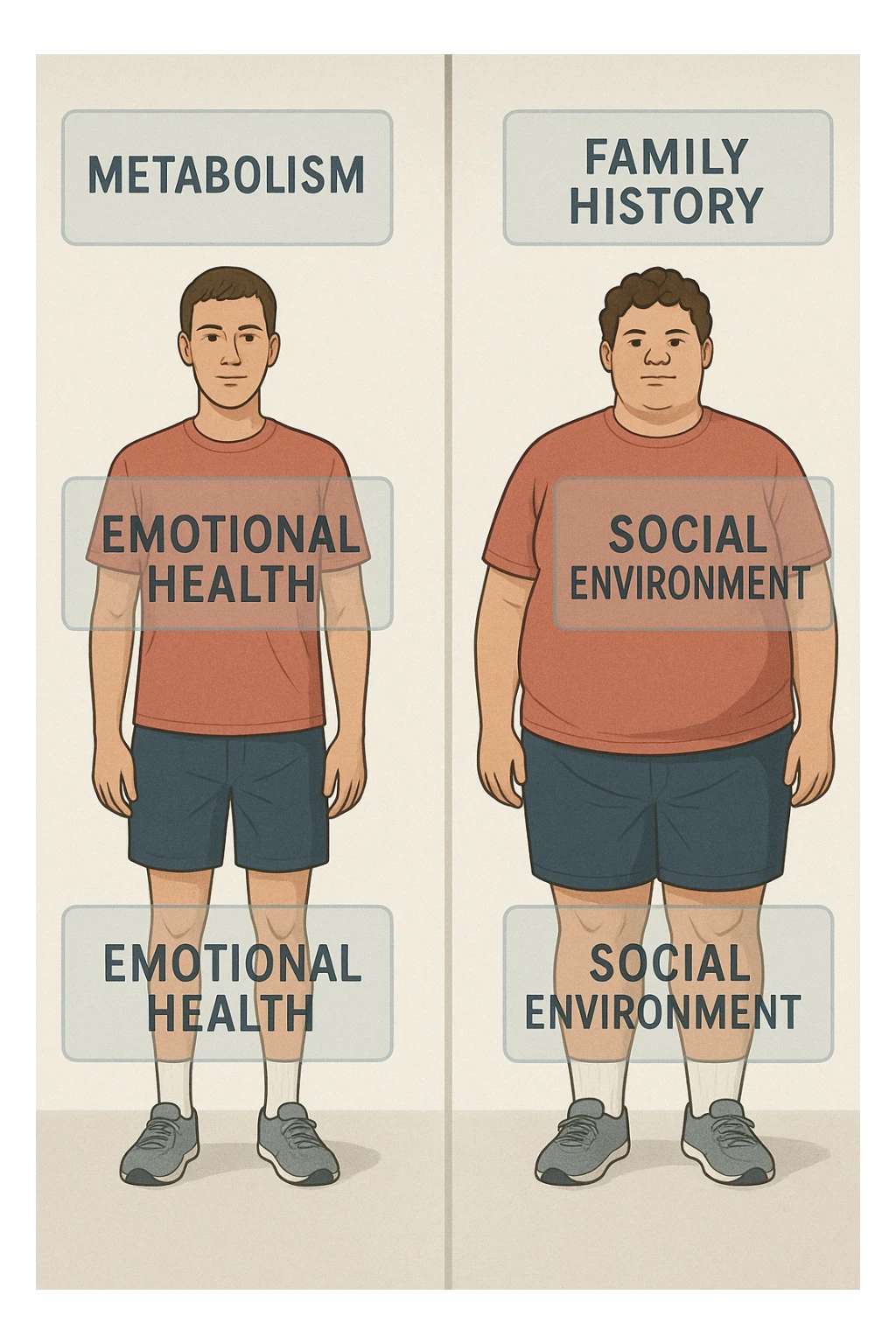 a split illustration showing two individuals with similar lifestyles but different body types. Around them, transparent overlays display factors such as metabolism, family history, emotional health, and social environment, highlighting the complexity behind body weight differences. The background is neutral and modern. realistica sticker