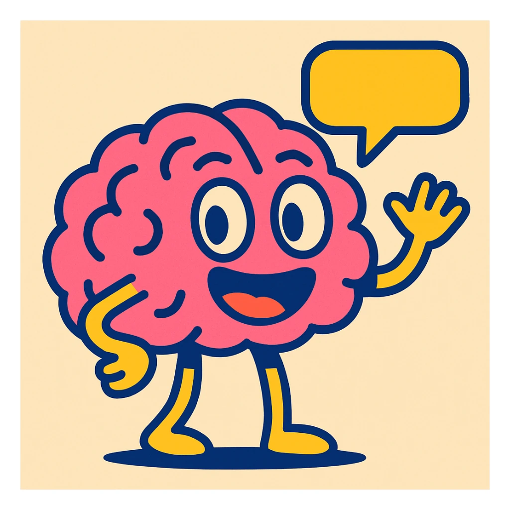 a talking brain, cartoon style, bright colors, joyful expression sticker