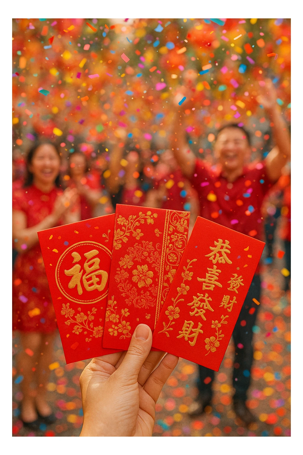 Chinese New Year red envelopes with confetti, joyful celebration sticker