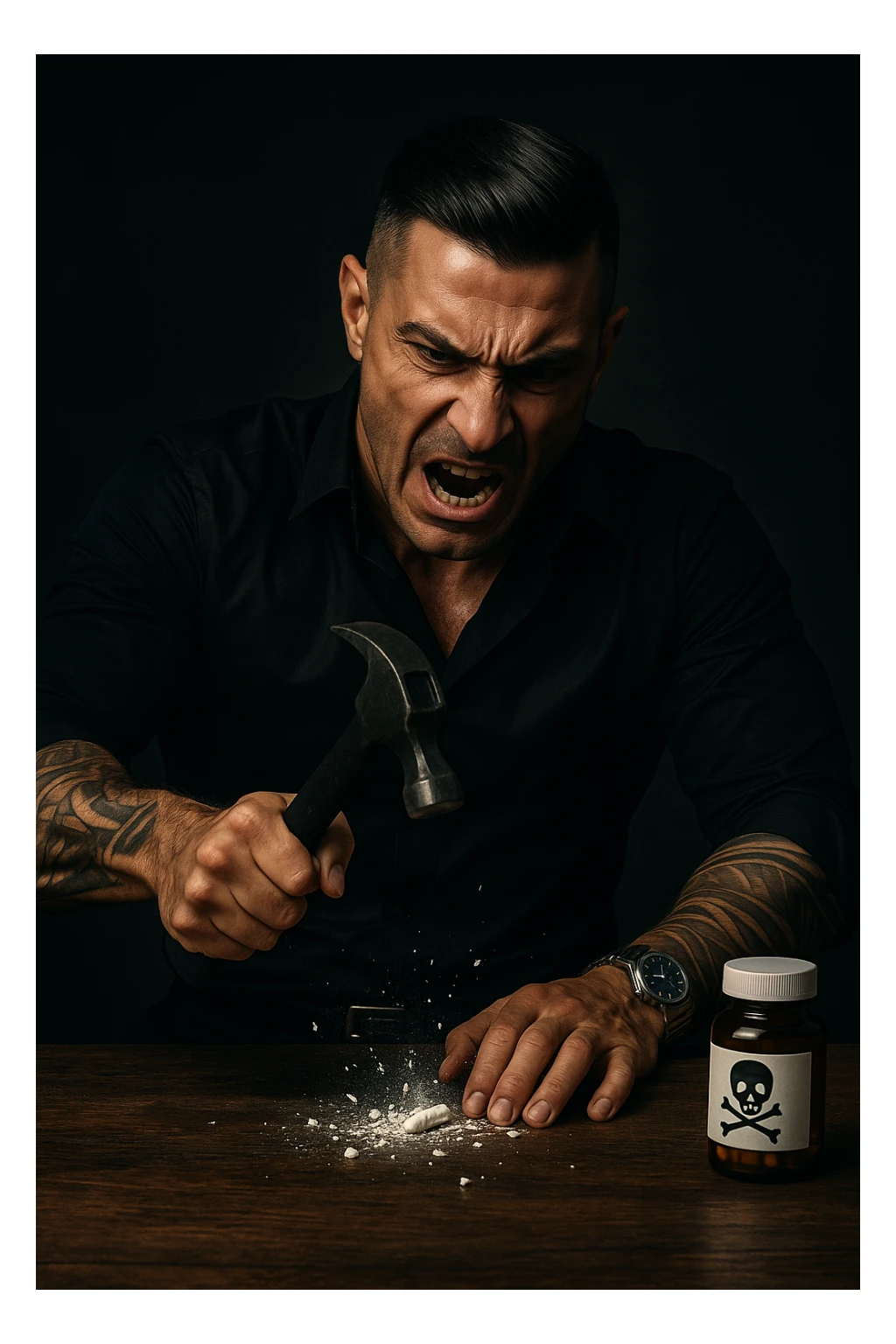 "Angry man crushing prescription pill with hammer on wooden table, expression of righteous fury against medical establishment, pill fragments scattering like defeated enemy, medicine bottle labeled with skull and crossbones in his mind, dramatic lighting showing his determination to reject pharmaceutical control, freedom from chemical dependency symbolized through destruction" sticker