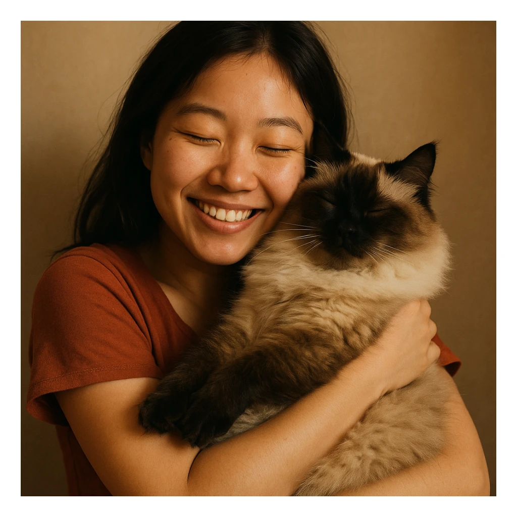 Asian girl holding her fluffy Siamese cat tightly, both content, simple background, focus on their bond sticker