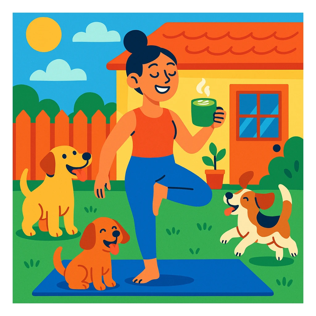 woman doing yoga in a house with a yard, holding a matcha latte, surrounded by dogs, vibrant and inviting scene sticker