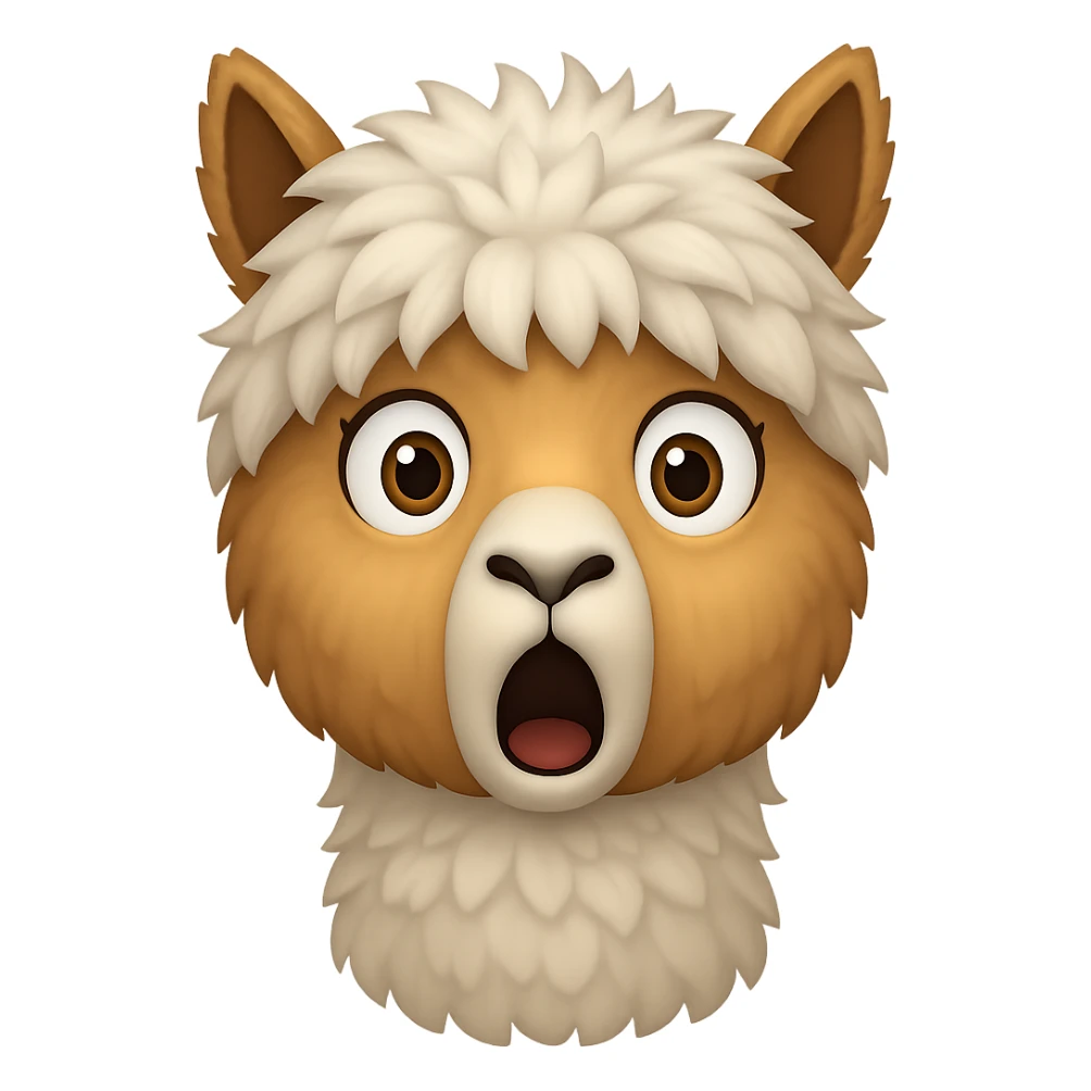 Make the alpaca look surprised, keep the original style, no background (transparent) sticker