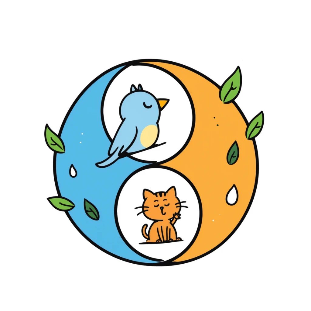 A colorful yin-yang symbol in blues and oranges with gentle leaf patterns in green, representing harmony and balance. Hand-drawn doodle style with vibrant colors. sticker