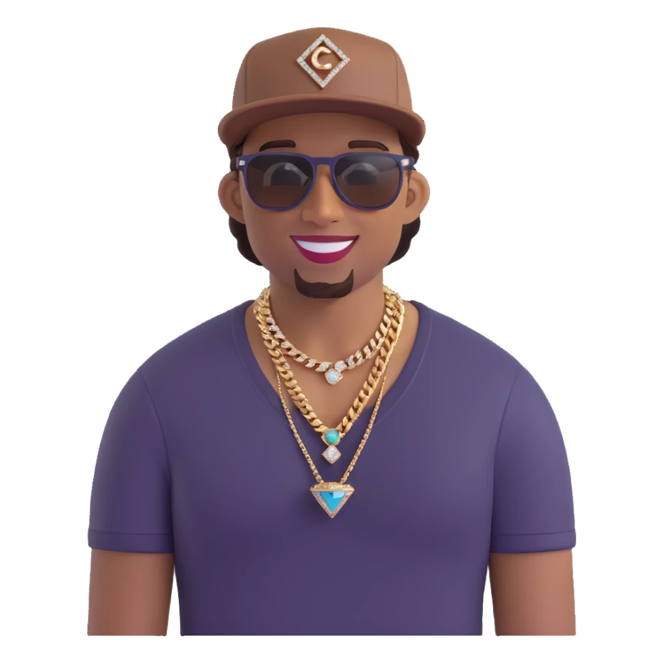 brown-skinned man with a backwards fitted New Era hat, wearing a Cuban diamond necklace, smiling with diamond grills, and wearing stylish sunglasses sticker
