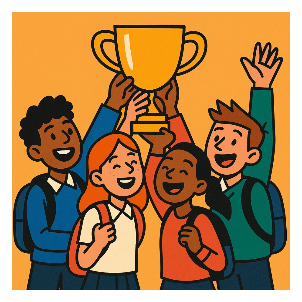 quatre étudiants heureux soulèvent ensemble un trophée, style illustration expressive, fond simple sticker