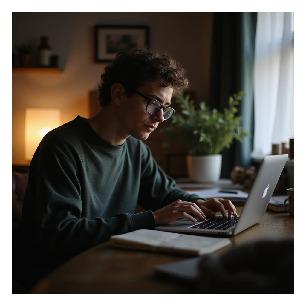 a person in glasses coding on a MacBook, cozy home office, soft lighting, semi-realistic style sticker