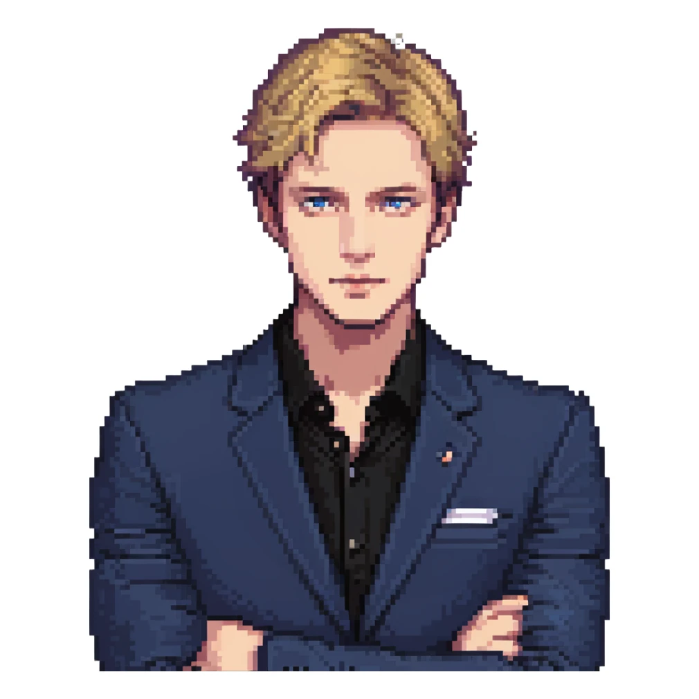 Flat pixel art, focused and reserved male thinker, fair skin, short sleek sandy hair, intense sharp eyes, wearing a deep indigo suit jacket over a black shirt, left hand thoughtfully touching chin, waist-up, front-facing sticker