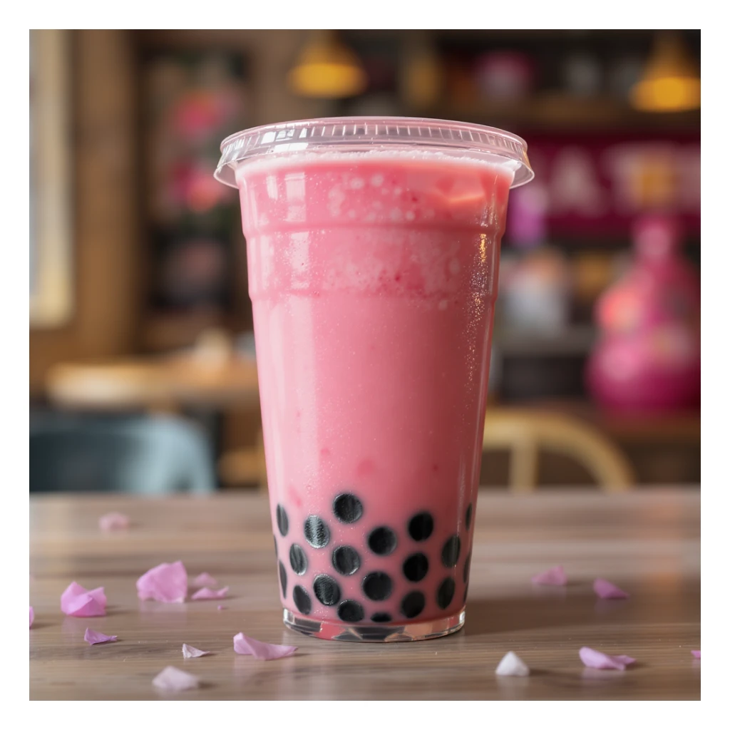 photorealistic elegant pink bubble tea, no background, transparent sticker