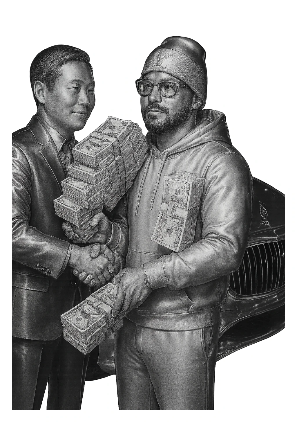 Add an Asian man shaking hands with the main person, both holding realistic money in their hands. Keep the Maybach car in the background. The main person has white skin tone, black goatee and facial hair, wearing a white hoodie, white sweats, white Louis Vuitton beanie, and Cartier glasses. Apply a chrome effect on everything except the money. Match the style and pose of the reference image. sticker