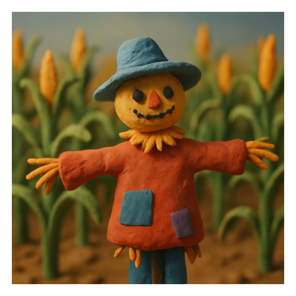 corn field with a colorful and whimsical scarecrow, soft lighting, claymation style sticker