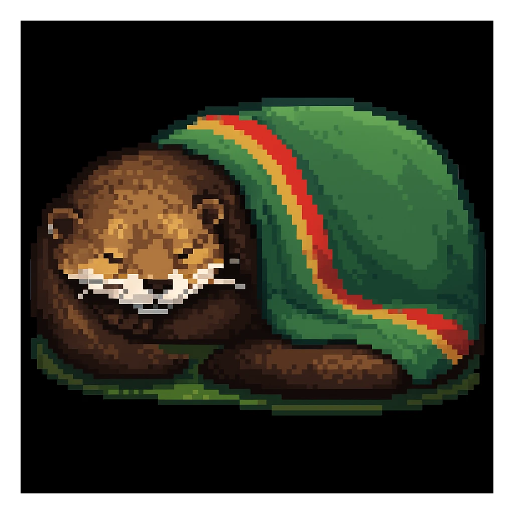 Make the image a pixel art style: Add a cozy blanket draped over the sleeping otter, keep pixel art style and colors sticker