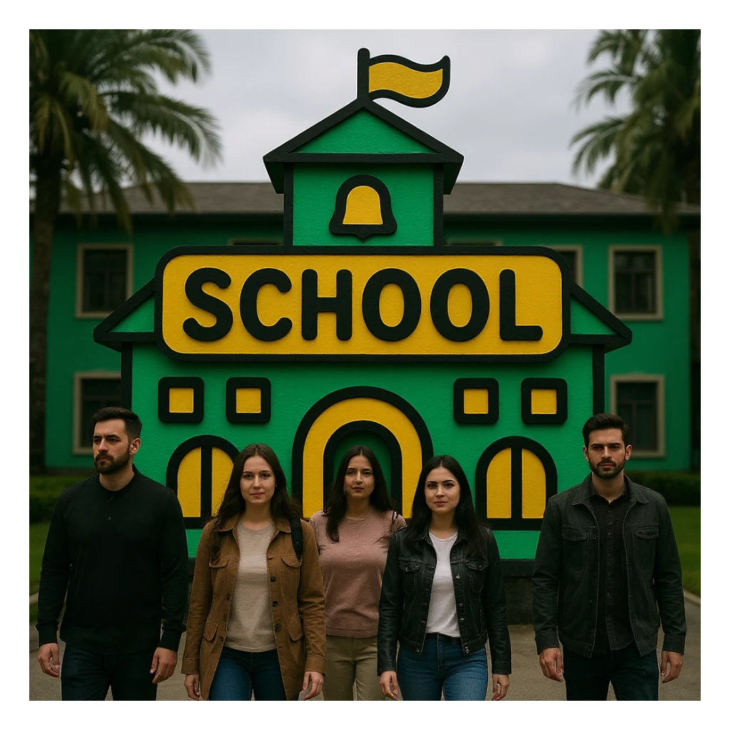 Add students walking in front of the school building in a professional style with a green, gold, and white color scheme. The design should be bold and clear, suitable for digital use, with no background. sticker