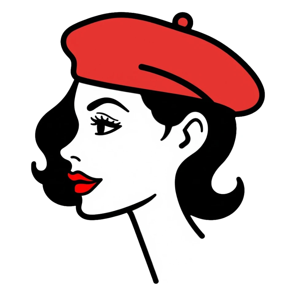 woman with a beret hat and heart-shaped lips, coquette aesthetic sticker