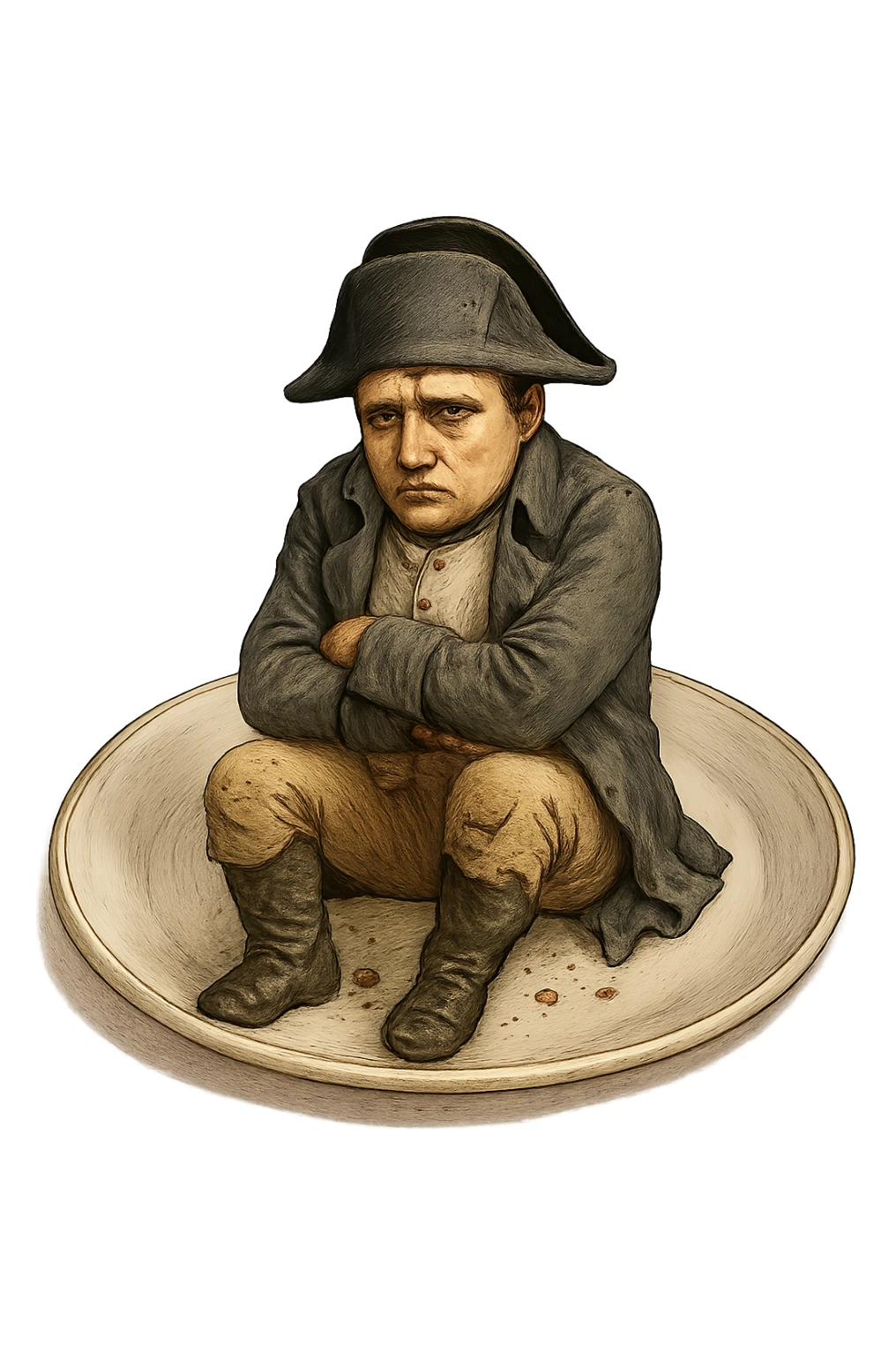 Сгенерируй мне такую же тарелку, только чтобы на ней сидел наполеон бонапарт, грустный, в чуть чуть рваной одежде. ТОРТ УБЕРИ ПОЛНОСТЬЮ. На прозрачной фоне. Наполеон должен быть в цвете sticker