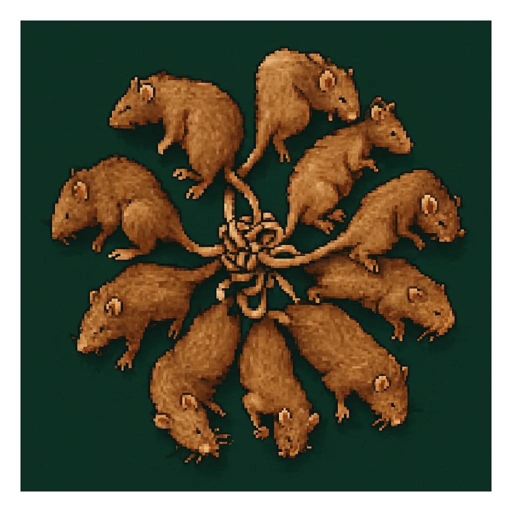 Create a pixel art version of a rat king, showing a realistic cluster of rats with their tails tangled in the center. Emphasize the circular arrangement and detail of the tails. The style should mimic pixel art as closely as possible. sticker